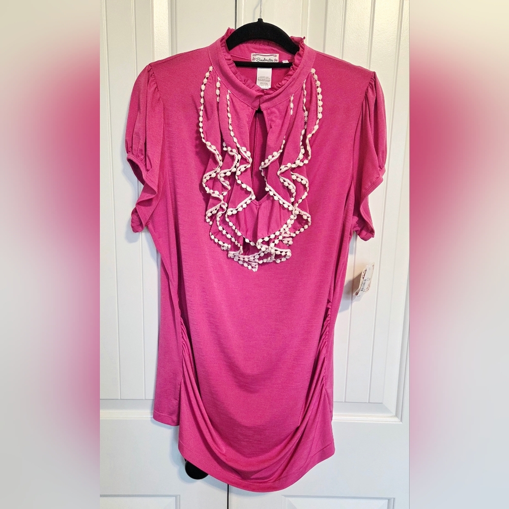 Soulmates Fuchsia Ruffle-Trim Short Sleeve Tunic